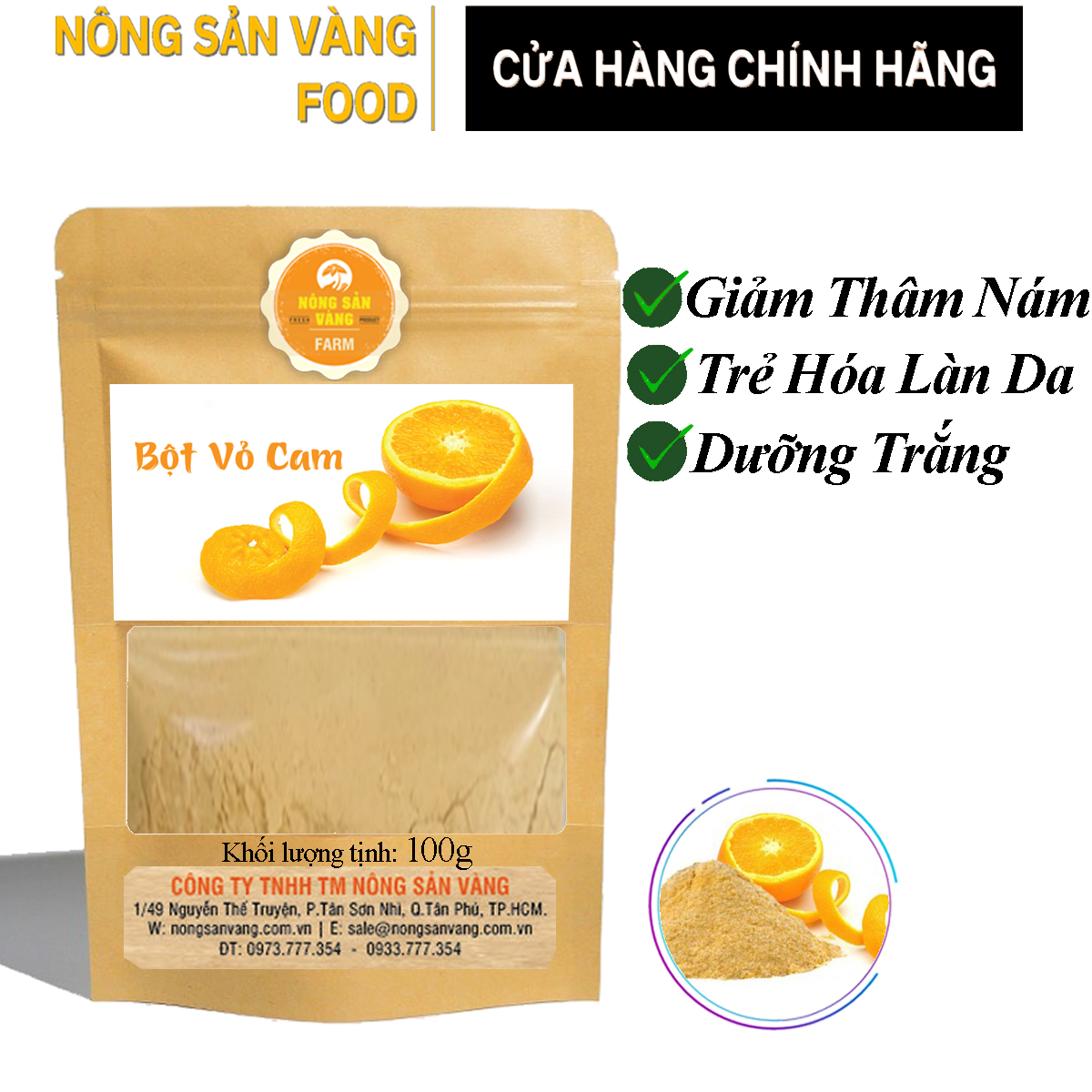 Bột Vỏ Cam nguyên chất 100gr, Giảm mụn, mờ thâm nám, sáng mịn da - Nông Sản Vàng