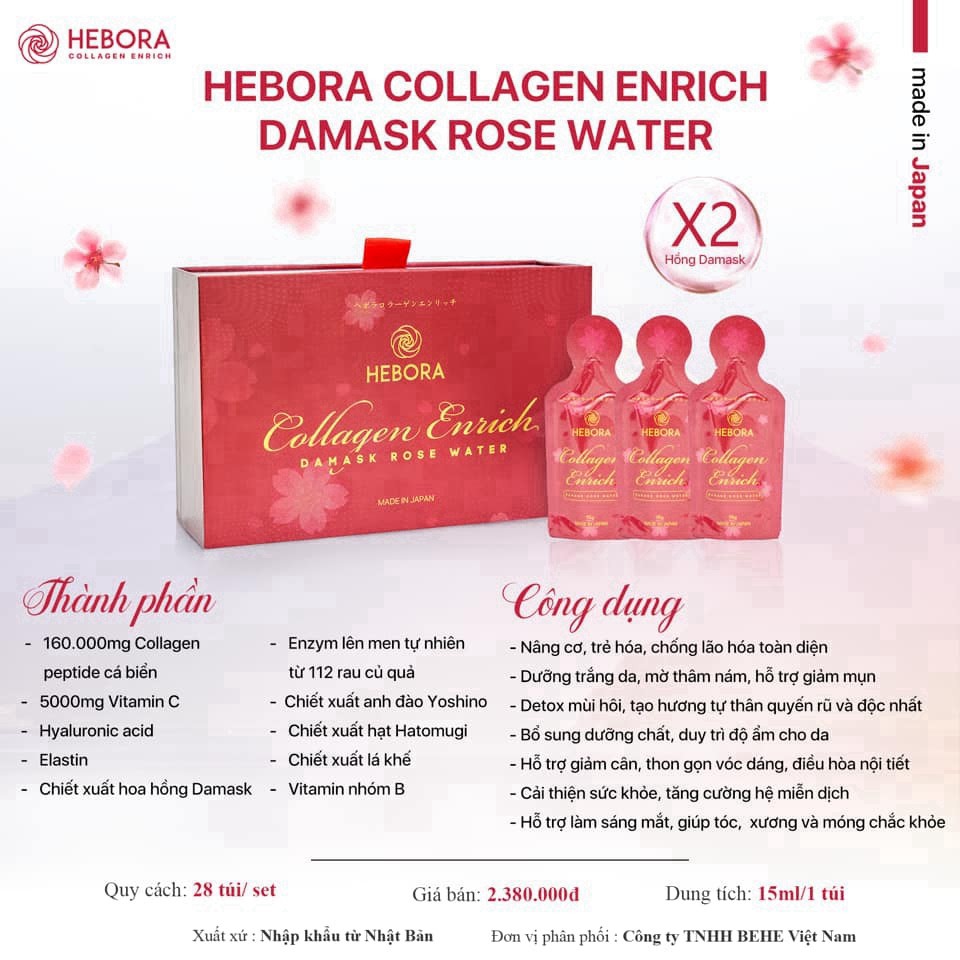 Nước Uống Đẹp Da Thơm Cơ Thể Hebora Collagen Enrich Damask Rose Water