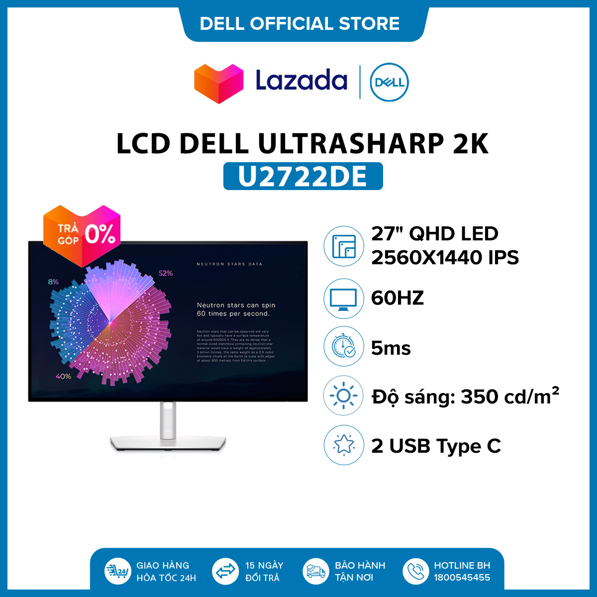 Màn hình dell utrasharp u2722de 27" qhd led 2560x1440 ips 60 hz 5ms