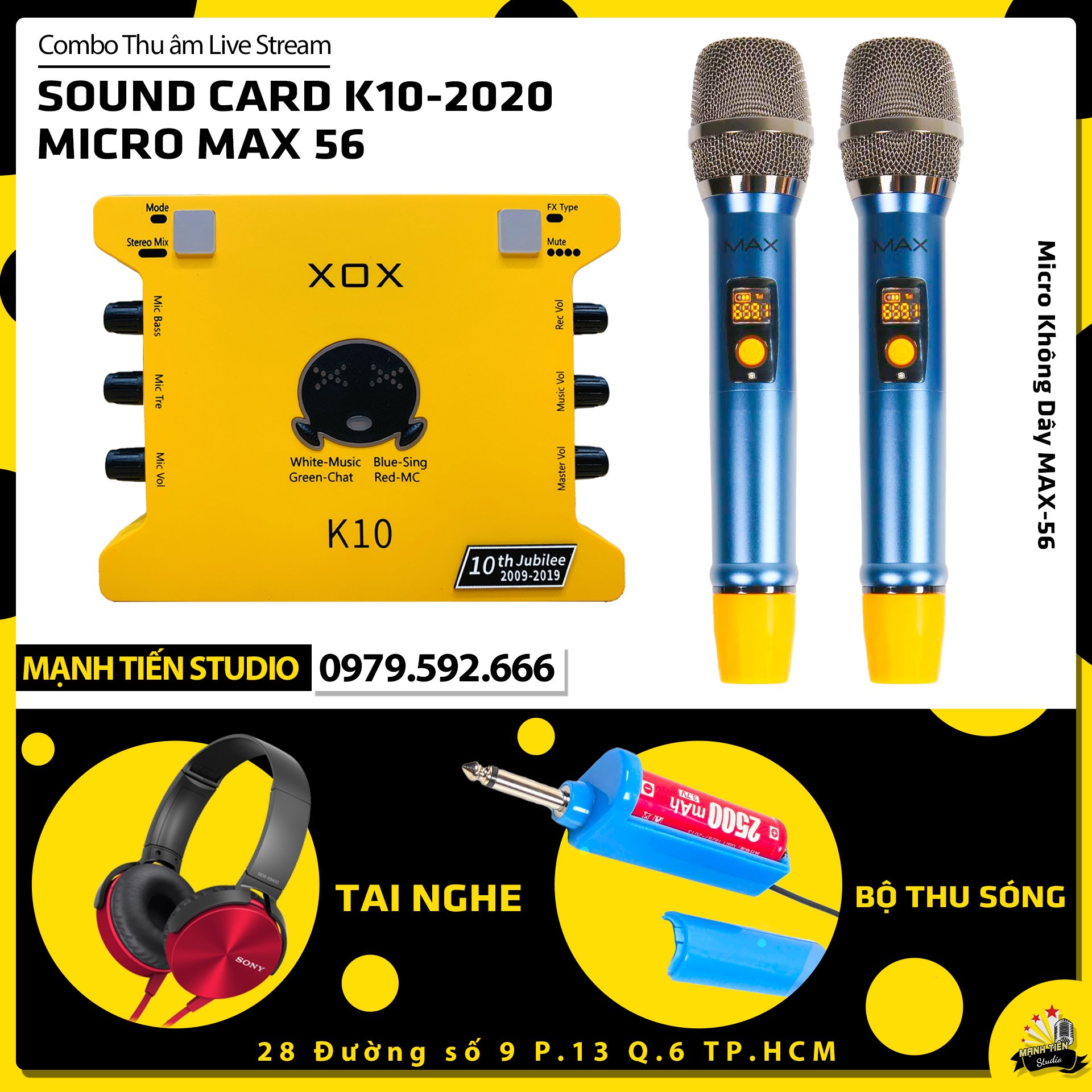 Combo thu âm, livestream karaoke Micro đa năng Max 56 Sound card XOX K10 Jubilee - Tặng kèm tai nghe chụp bảo hành 1 năm - Chính hãng