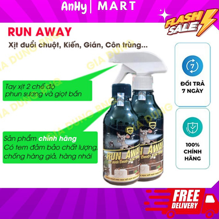 [FREESHIP + ÁP MÃ GIẢM 10%] [Freeship MAX] Bình Xịt Đuổi Chuột Côn Trùng 300ml Trong Ô Tô Và Nhà Run Away Chiết Xuất Thảo Mộc Tự Nhiên Không Mùi An Toàn