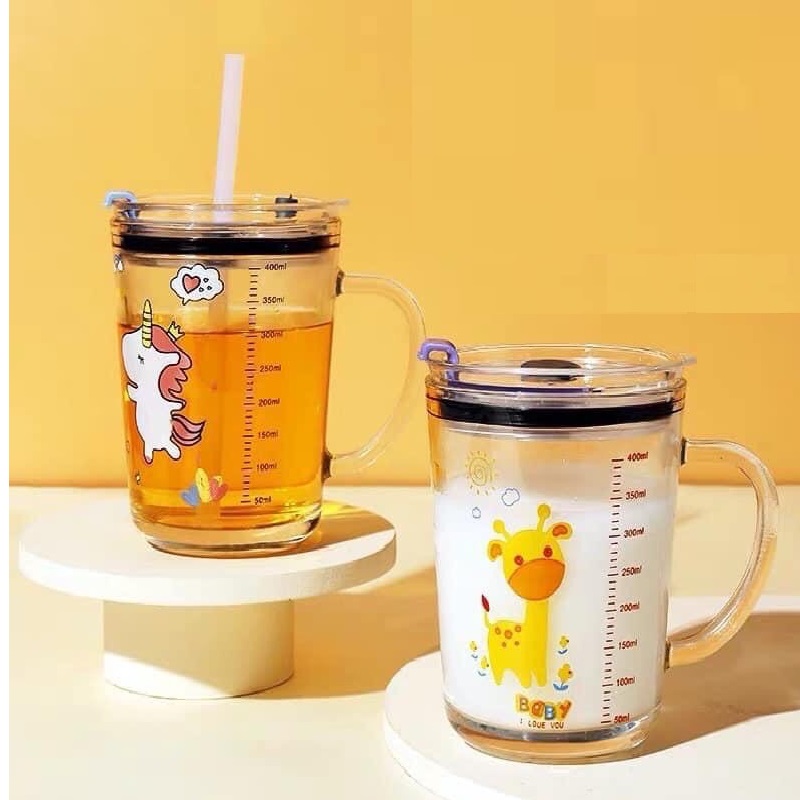 Ly pha sữa - ly thủy tinh chia vạch 300ml kèm ống hút và nắp chống tràn