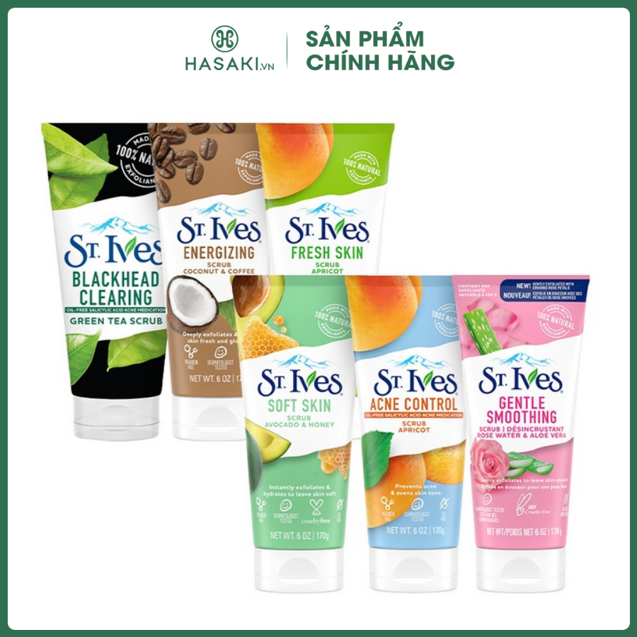  Sữa Rửa Mặt St.Ives Tẩy Tế Bào Chết 170g Hasaki Sản phẩm chính hãng Trà Xanh Ngừa Mụn Trái Mơ Ngừa Mụn Trái Mơ Tươi Mát Cà Phê & Dừa Hoa Hồng & Lô Hội Bơ & Mật Ong 