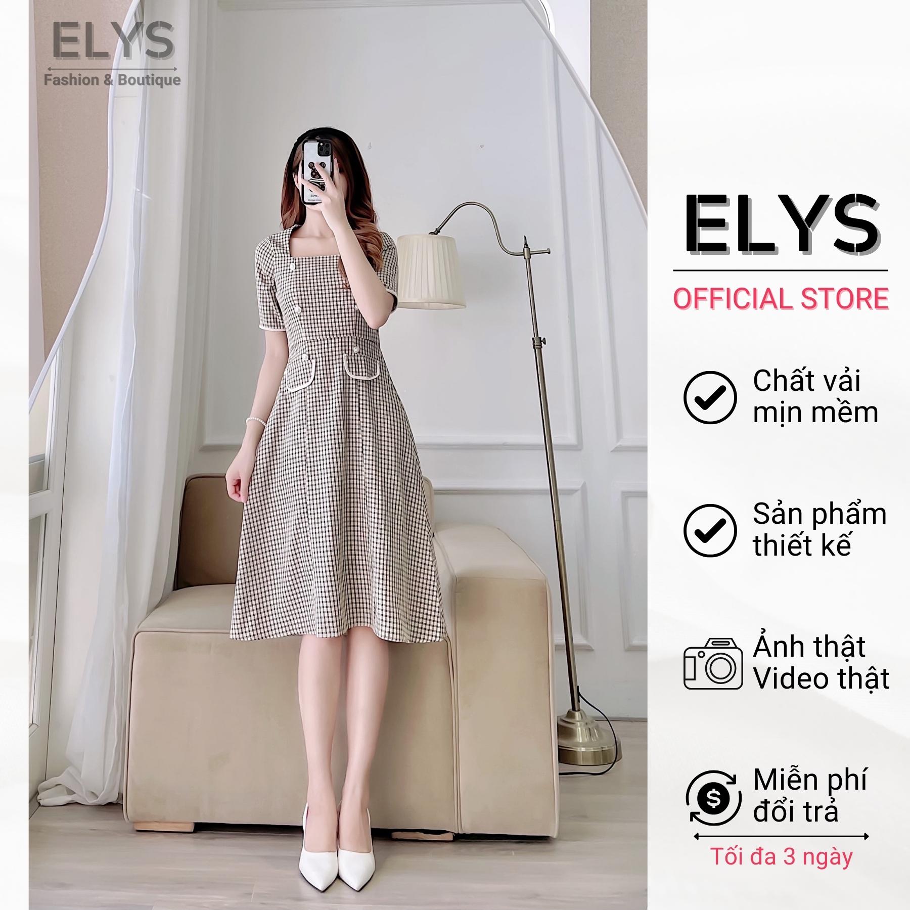 Váy đầm tiểu thư công sở ELYS chất lụa hàn kẻ caro cao cấp dáng xòe nhẹ đính Cúc Ngọc LY002