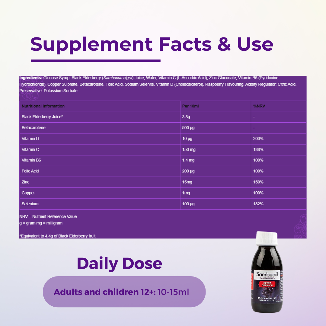 Sambucol Extra Defence Liquid, EXTRA Vitamin C, Zinc, Vitamins & Minerals, 120ml, Supplement Fact and Use