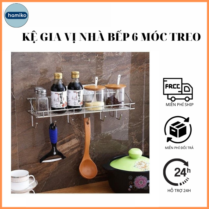Kệ Nhà Tắm Treo Tường Inox Để Đồ Nhà Tắm 6 Móc Treo Giá Để Đồ Phòng Bếp Dán Tường Không Cần Khoan Có Miếng Dính Siêu Chắc -Hamikovn