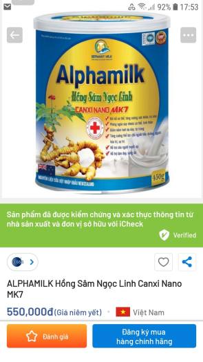 Sữa Bột AlPhamilk Hồng Sâm Ngọc Linh Canxi Nano MK7  ,Tăng Cường Sức Đề Kháng, Trí Nhớ , cho người Tiểu Đường,  Huyết áp, làm Đẹp Da- mọi lứa tuổi