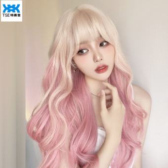 TSE Tóc Giả [mùa xuân màu hồng đào] vàng trắng dần dần màu hồng Xoăn Dài gọn gàng mát mẻ lưới đỏ LO màu chuyển dần sóng lớn l23-j012