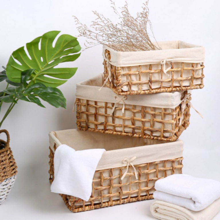 Giỏ khay lục bình chữ nhật đan thưa đựng đồ đa năng - kèm lót vải tiện dụng