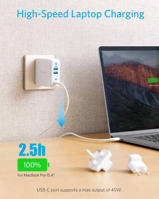 Anker A2033 PowerPort III 3-Port 65W with PIQ 3.0 & GaN Type-C Charger with a 45W PD Port, US / UK / EU Plugs Travel