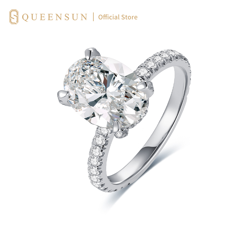 Queensun Platinum Lab Diamond Oval Halo Engagement Ring | Sparkling Diamond Band | Lab Diamond Engagement Ring | Sparkling Solitaire Diamond Band | Wedding Proposal Ring |  Luxury Diamond Ring 18K 金主钻围镶副钻培育钻石