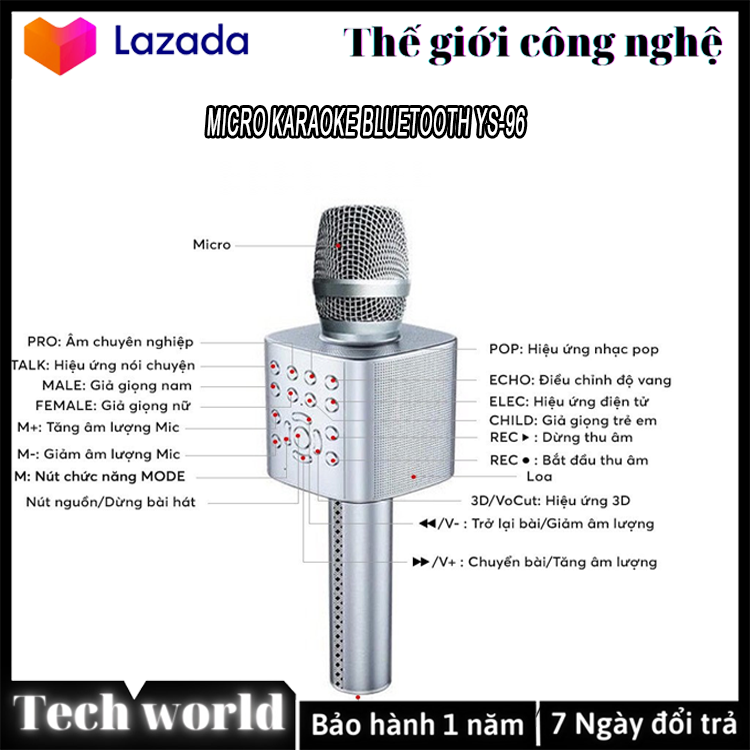 Micro Karaoke Bluetooth YS-96 Mic Karaoke Bluetooth Tích Hợp Thu Âm Live Stream Âm Vang Bass Trầm Ấm Lọc Âm Cực Chuẩn Chống Hú Rít Pin Cực Trâu