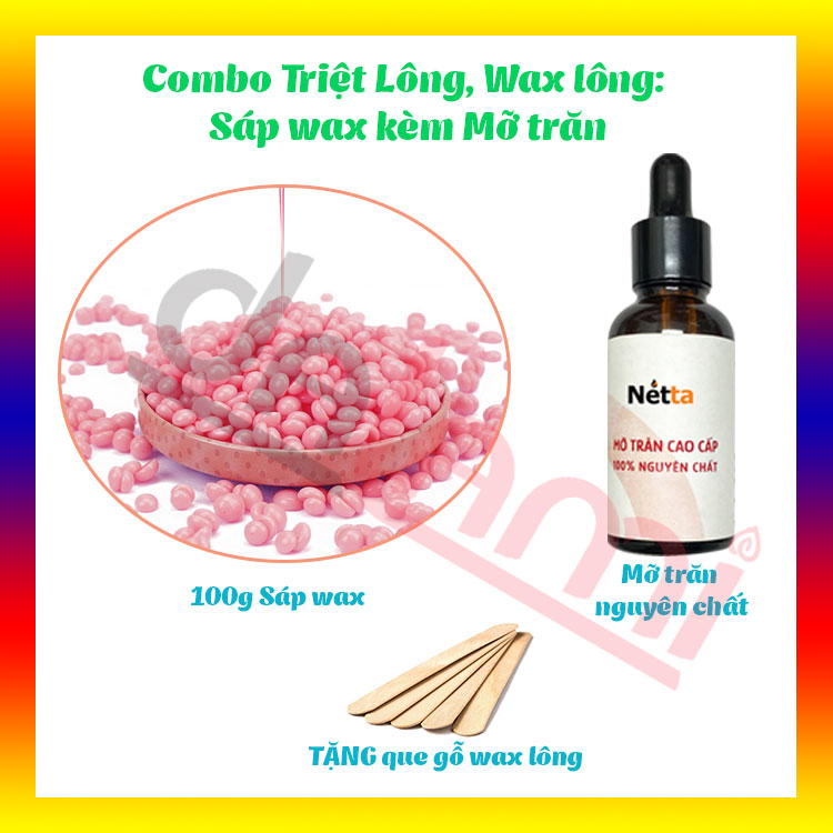 Combo Sáp Wax và Mỡ Trăn - Combo Triệt lông 100g Sáp wax tẩy lông, 10ml mỡ trăn triệt lông nguyên chất, tặng que gỗ wax lông - Wax triệt lông chân, lông nách, wax lông bikini, vùng kín, lông tay, wax ria mép, wax râu