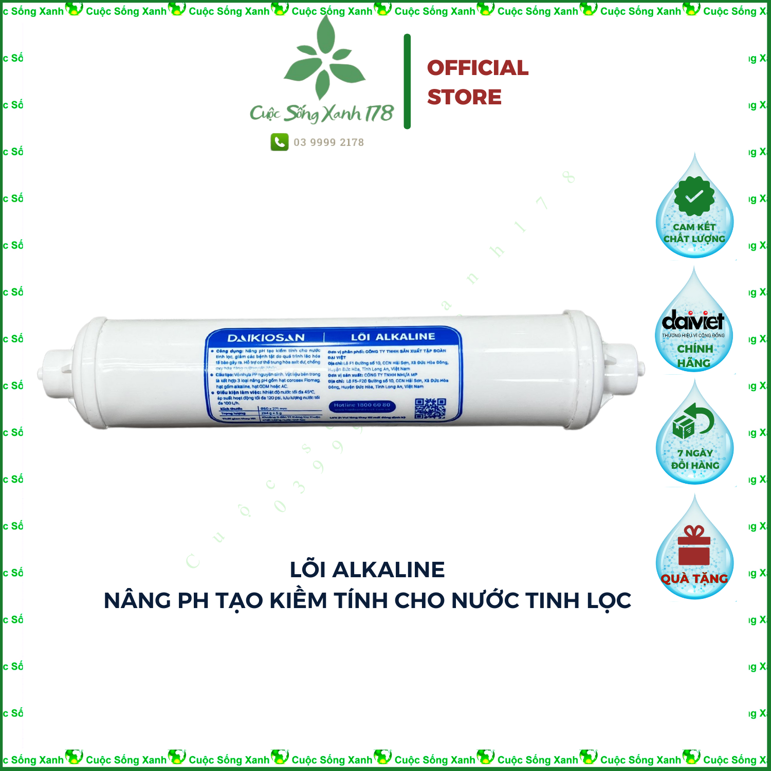Lõi lọc nước Alkaline, Lõi bù khoáng Alkaline, tăng độ pH cho máy lọc nước RO, chính hãng Đại Việt