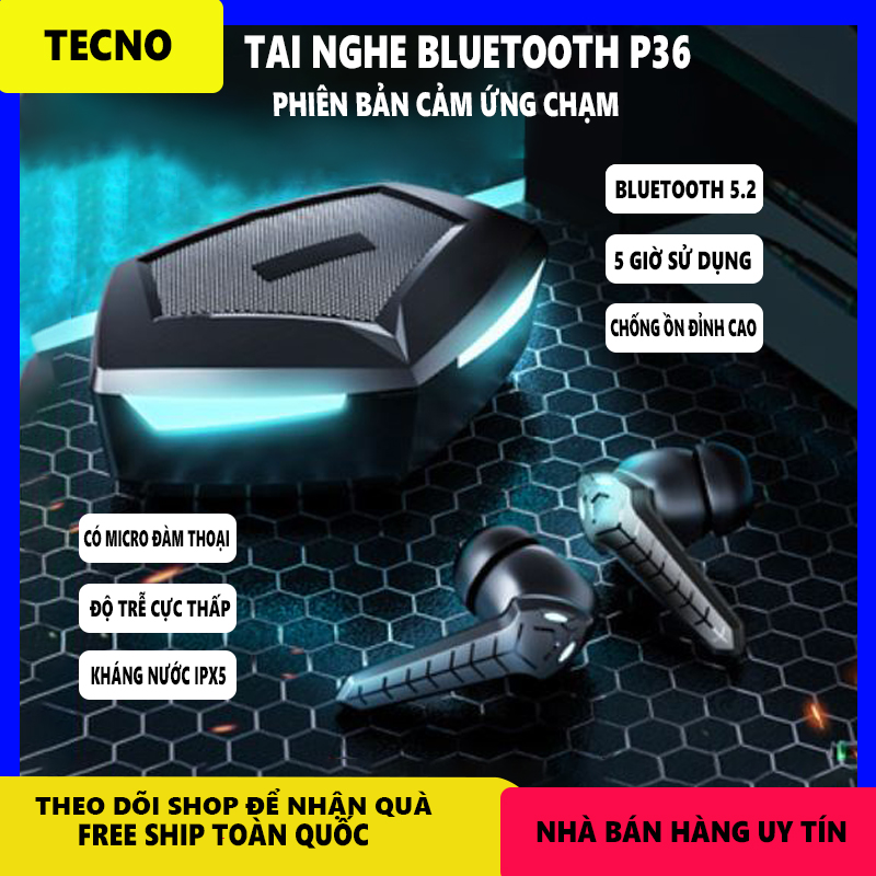 Tai nghe gaming P36 bluetooth 5.2, tai nghe không dây chơi game không độ trễ, điều khiển cảm ứng, led RGB, tương thích với Iphone, Android, windows