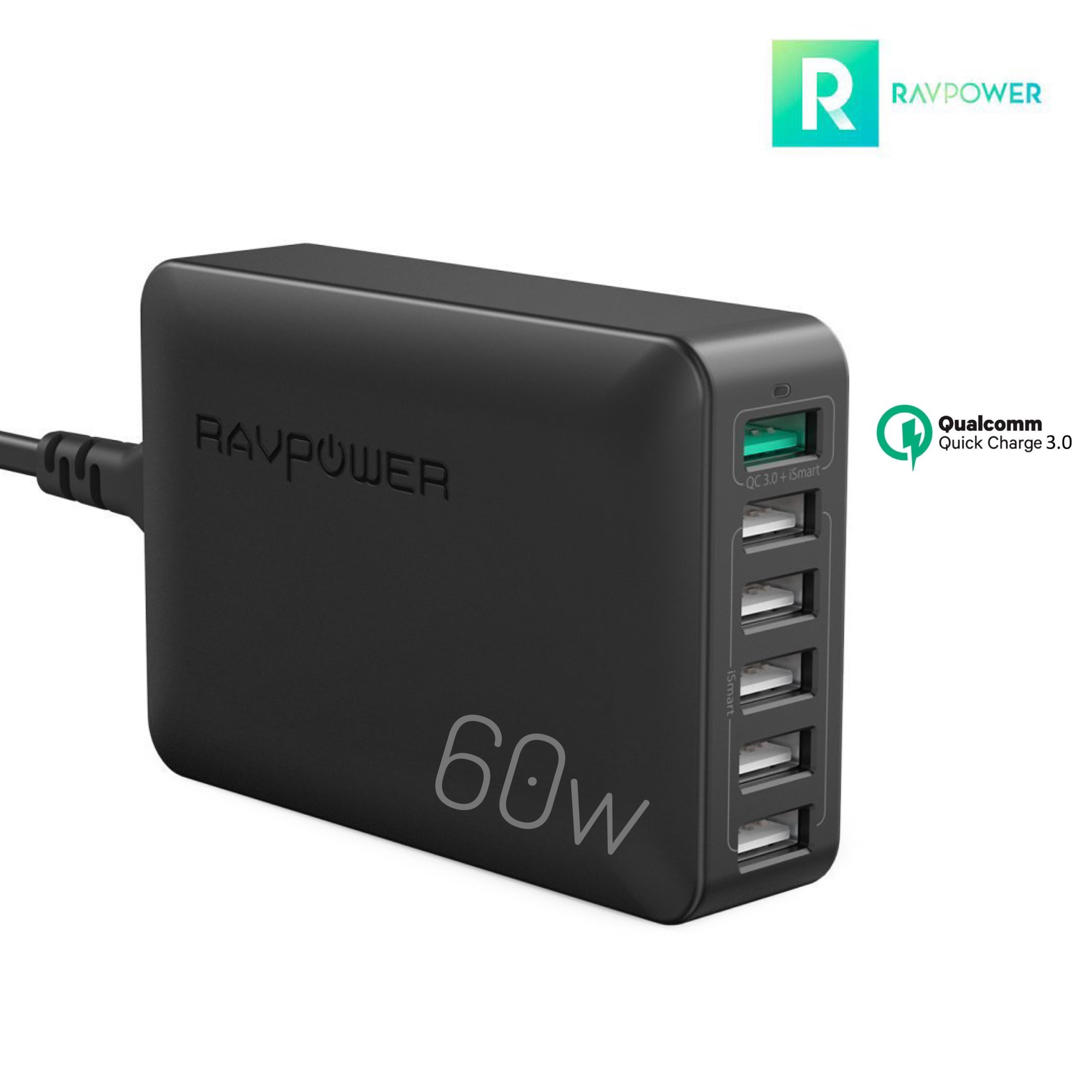 Hub sạc nhanh 6 cổng 60w ravpower rp-pc029 - qc 3.0 24w - ismart - afc - sfc - sản phẩm chính hãng - mới 100% nguyên hộp