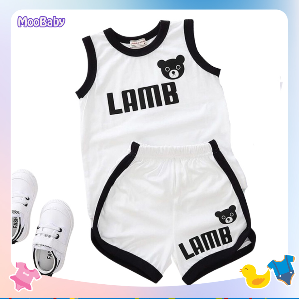 Bộ ba lỗ cho bé chất cotton ,bộ ba lỗ gấu in chữ lama - moobaby shop