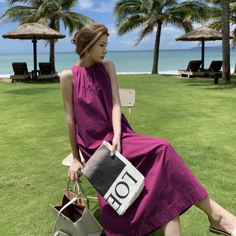 Đầm váy đầm suông form rộng cổ xếp li