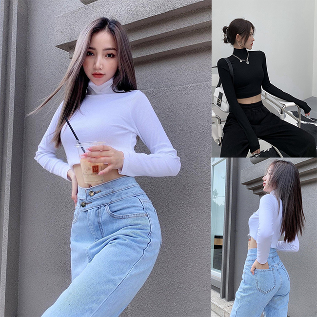 Áo Cổ Lọ Croptop Tay Dài Màu Trắng Đen Form Rộng Big Size Dưới 80Kg "CROP CL"