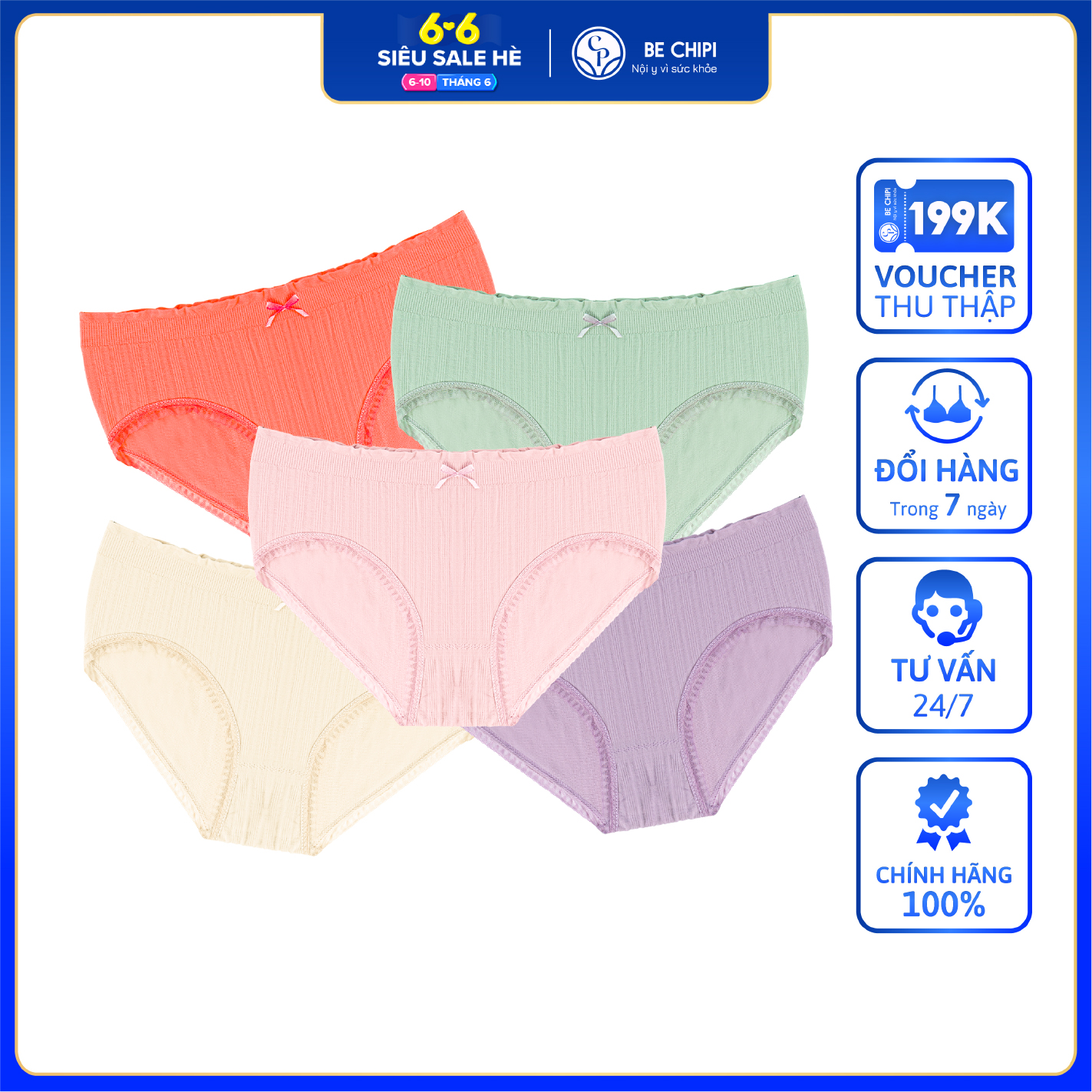 Combo 5 quần lót cotton co dãn, sợi dệt cao cấp, mềm mại by bechipi - ql2219