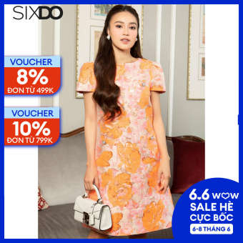 Đầm gấm cam cổ tròn họa tiết hoa thời trang SIXDO