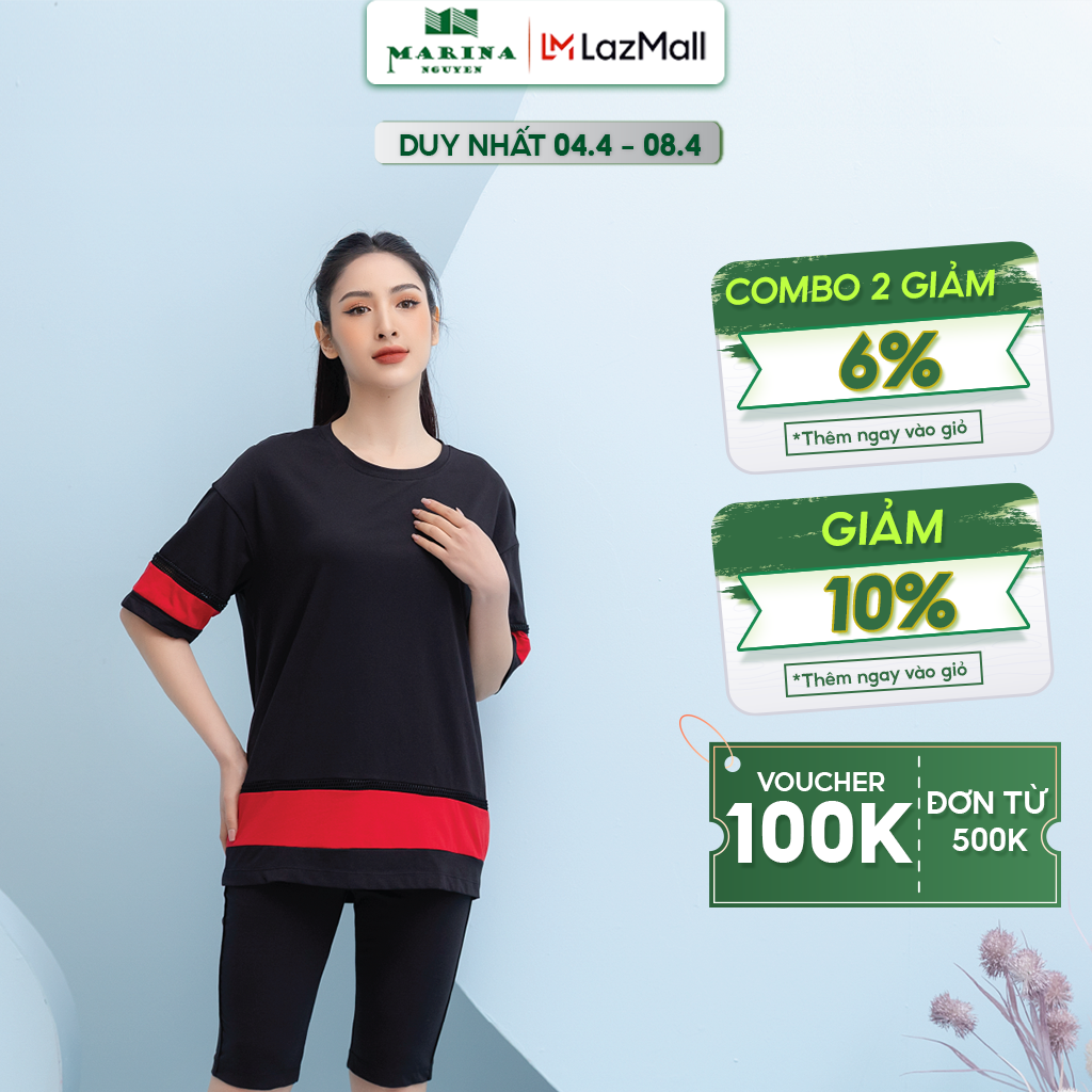 Đồ bộ mặc nhà marina nguyễn, thiết kế cổ tròn, tay lỡ, dáng suông vải cotton mềm mịn, thoáng mát 422008