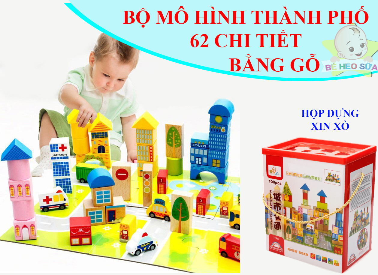 Đồ chơi xếp hình mô hình thành phố 62 chi tiết bằng gỗ