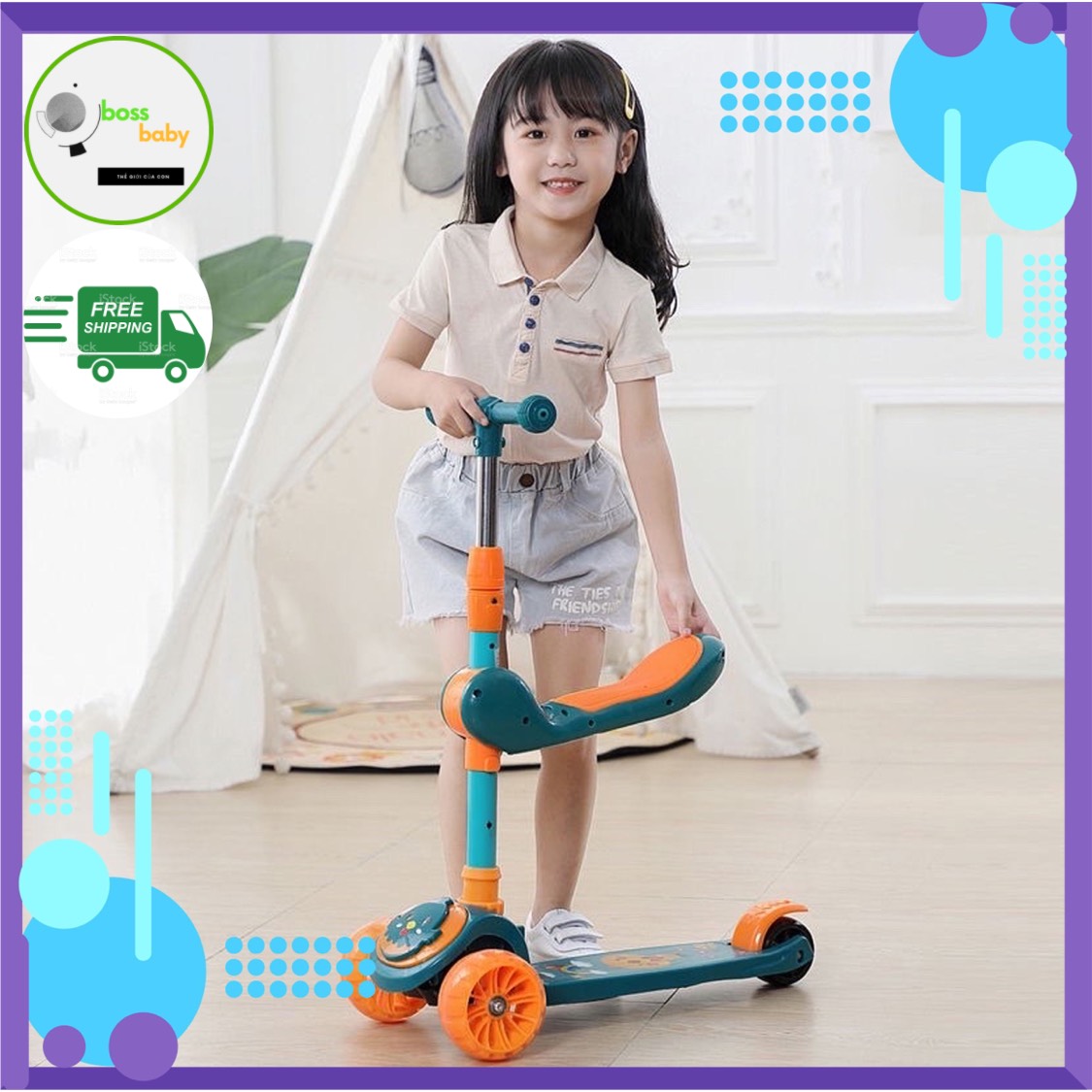 Xe Trượt Scooter - Xe Chòi Trân Scooter Tre Em 3 Trong 1 Có Nhạc - Đèn LED - Có Bệ Ngồi Hoạt Động Thể Thao Ngoai Trời Tải Trọng 70kg ĐỒ CHƠI TRẺ EM - ĐỒ CHƠI TRẺ EM BOSS BABY SHOP [FREE SHIP]