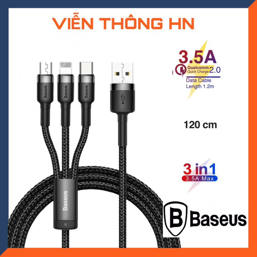 Dây sạc 3 đầu Baseus - Cáp 3 đầu sạc nhanh 3.4a Baseus Kevlar USB micro usb lightning type C cáp chống đứt gẫy bọc dù siêu bền cho mã đt samsung oppo xiaomi vivo ip ...