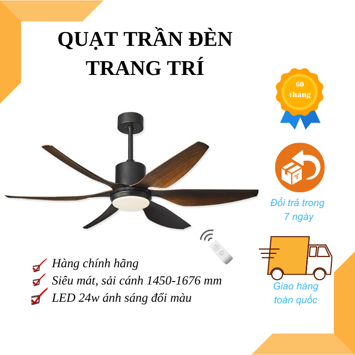 Quạt trần 66YY-1986 6 cánh siêu mát, 3 chế độ đèn LED, điều khiển 6 cấp độ gió, động cơ 2 chiều siêu bền, sang trọng, sải rộng