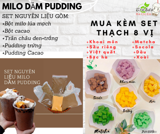 💖 Set Milo Dầm Trân Châu Pudding + Công Thức Dễ Làm Thành Công 100%, Set Milo Cacao Dầm Siêu Ngon