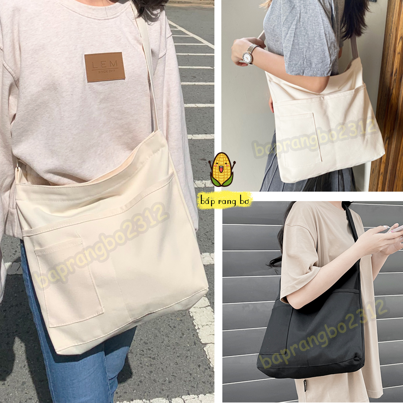 TÚI TOTE ĐEO CHÉO 4 NGĂN VẢI CANVAS PHONG CÁCH ULZZANG UNISEX DC13