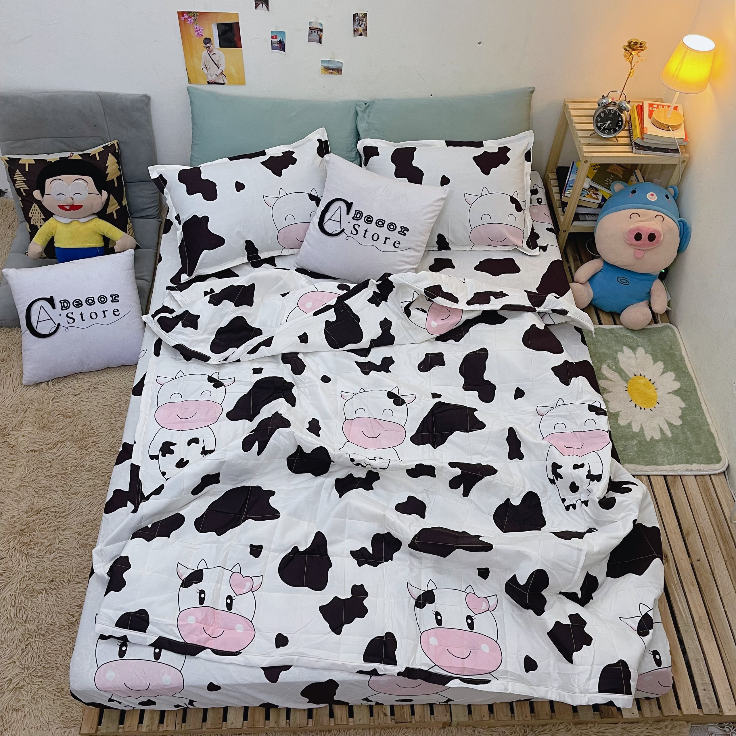 Bộ chăn ga cotton poly bò sữa trắng 1m6 x 2m