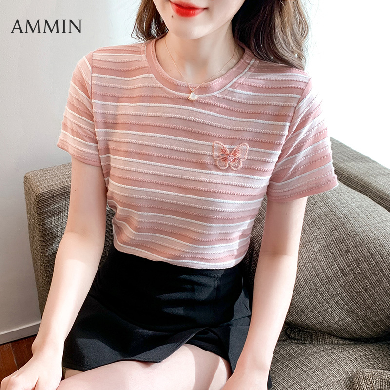 AMMIN Áo Cánh Thanh Lịch Thêu Bướm Ba Chiều Thời Trang Cổ Tròn Đơn Giản Phong Cách Hàn Quốc Áo Thun Cotton Kẻ Sọc Ngắn Tay Màu Sắc Mới Mùa Hè 2022 Cho Nữ Áo Ins