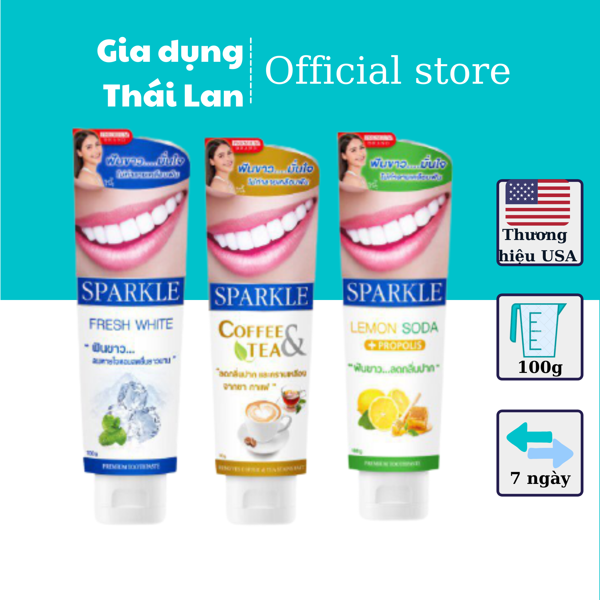 Kem đánh răng Sparkle White, Coffee & Tea, Lemon Soda - Nhập khẩu Thái Lan, kem đánh răng chăm sóc toàn diện