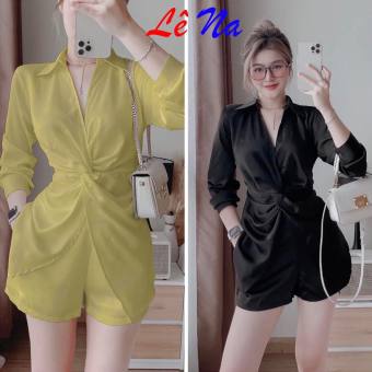 Set bộ sơ mi nhúm xoắn eo cổ V dài tay mix quần đùi, Set bộ đồ nữ áo sơ mi xoắn eo lịch sự mix quần short sang trọng, Đầm nữ cổ V xoắn eo nhúm phối quần đùi cá tính MTB