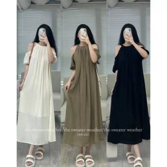 Váy suông đi biển cổ yếm cộc tay khoét vai 2 lớp, đầm maxi đi biển dáng dài đi biển