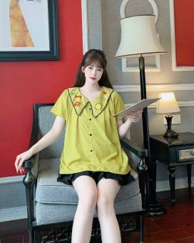 Áo bầu mùa hè - Áo sơ mi bầu cổ ren hoa 3D (50-75kg)-shop bầu xinh