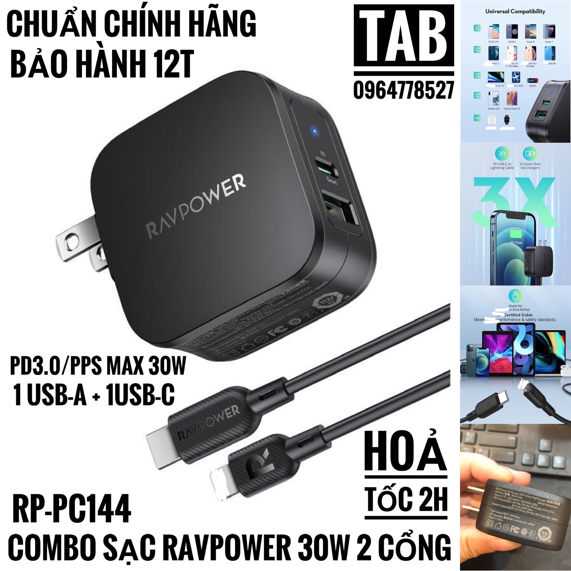 Combo Sạc RavPower 30w 2 Cổng Kèm Cáp C To L Có MF.I - Chính Hãng (RP-PC144)