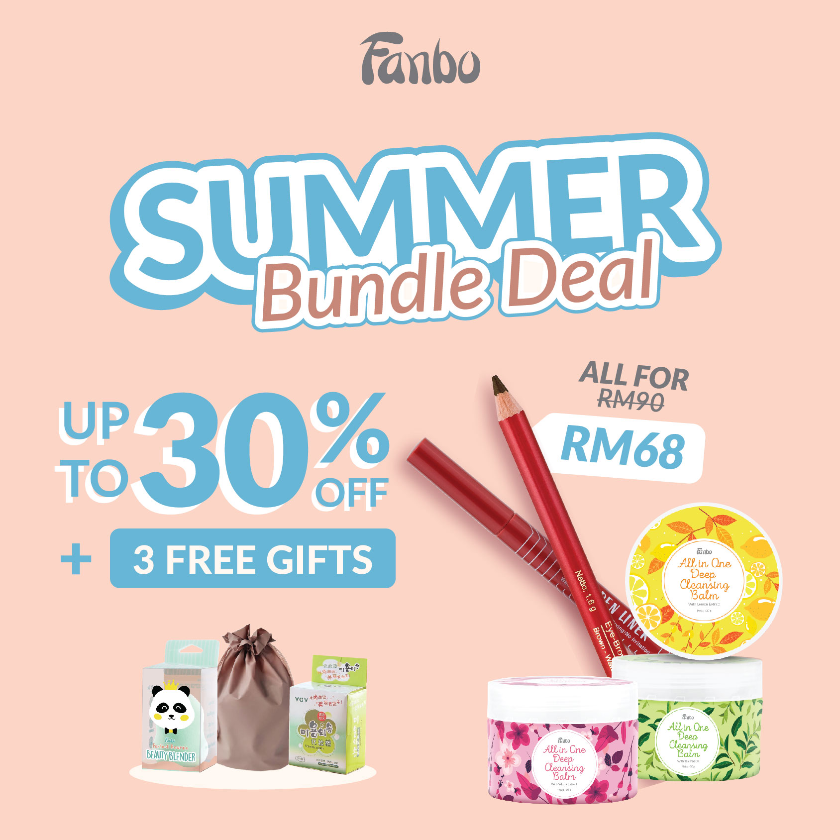 Gambar [FREE 3 GIFTS] FANBO Summer Bundle Fantastic Eyebrow Pencil + Eye Pen Liner + All in one Cleansing Balm All Variant