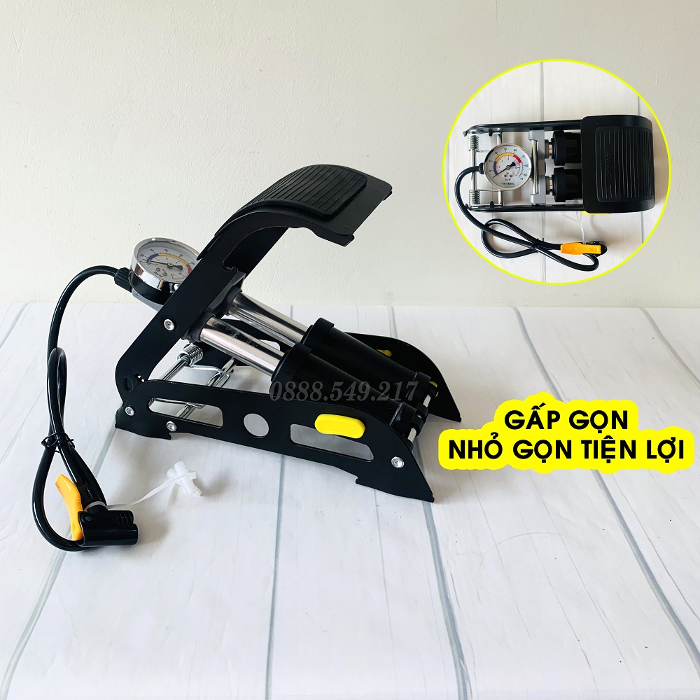 Bơm xe đạp chân siêu khỏe đồng hồ chính xác - bơm mini 2 pitton dùng cho ôto, xe máy, xe đạp siêu khỏe nhanh đầy cực kì tiện dụng