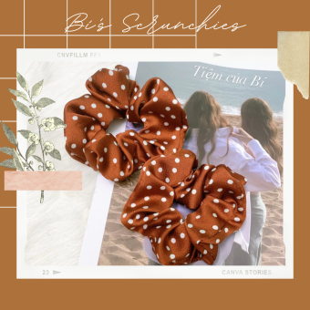 Scrunchies cột tóc nâu họa tiết chấm bi hot trend dành cho bạn nữ