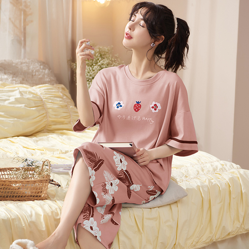 Đồ bộ lửng nữ thun cotton màu hồng họa tiết hoa dễ thương
