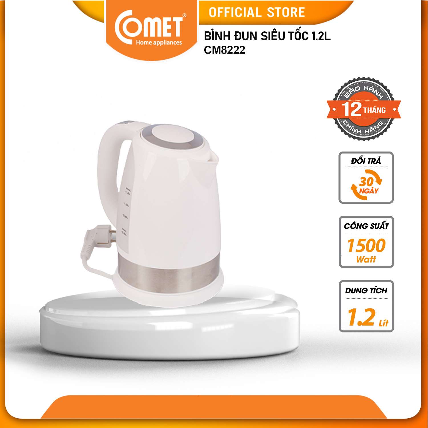 Bình đun siêu tốc nhựa chịu nhiệt 1,2L COMET - CM8222 - Bảo hành 12 tháng -  Hàng chính hãng