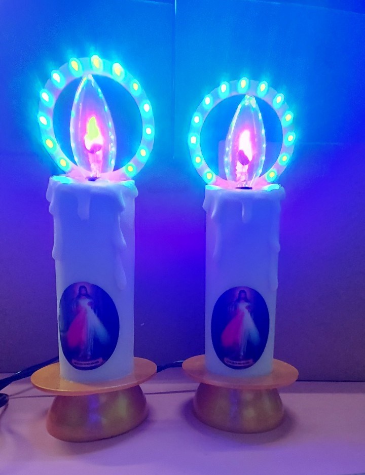 Cặp đèn công giáo điện tử vòng led hào quang chân đế xi vàng - đèn thờ công giáo
