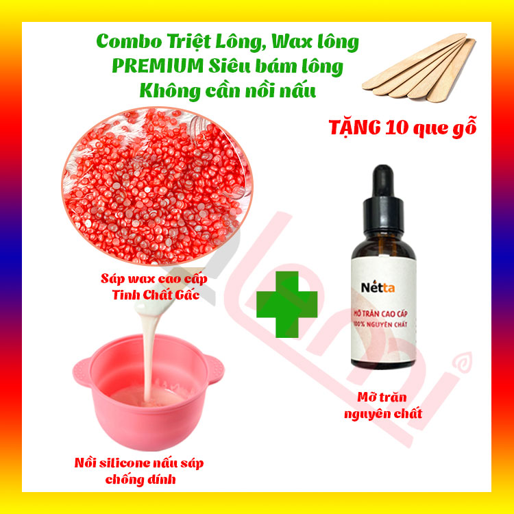 [TẶNG 50G SÁP] Combo Wax Lông (100g) kèm Mỡ Trăn và Chén silicon nấu sáp wax chống dính - Wax lông nách, lông bikini, vùng kín, lông chân tay, ria mép