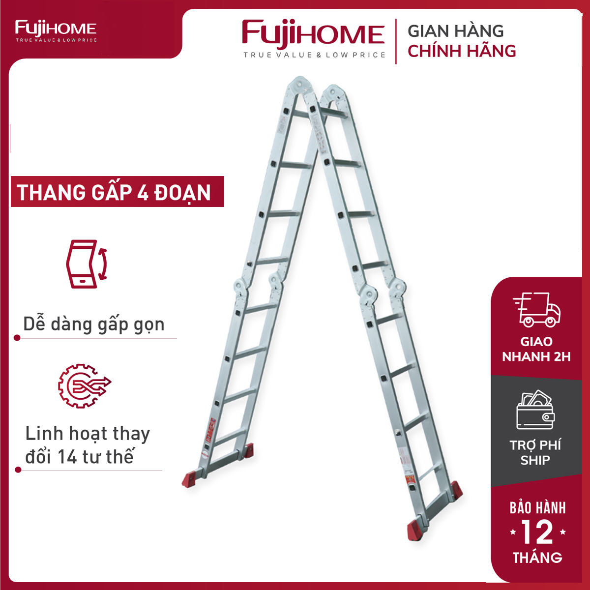 Thang nhôm gấp 4 đoạn cao 3,5 M - 4,7M nhập khẩu  FUJIHOME, thang chữ A xếp gọn 4 khúc đa năng gia đình aluminum ladder