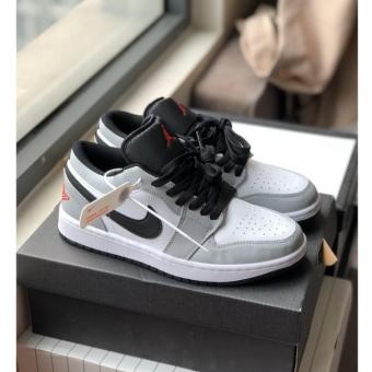 Giầy Jordan xám chỉ đỏ vạch đen thấp, Giày JD1 low xám smoke grey đủ size nam nữ full box bill
