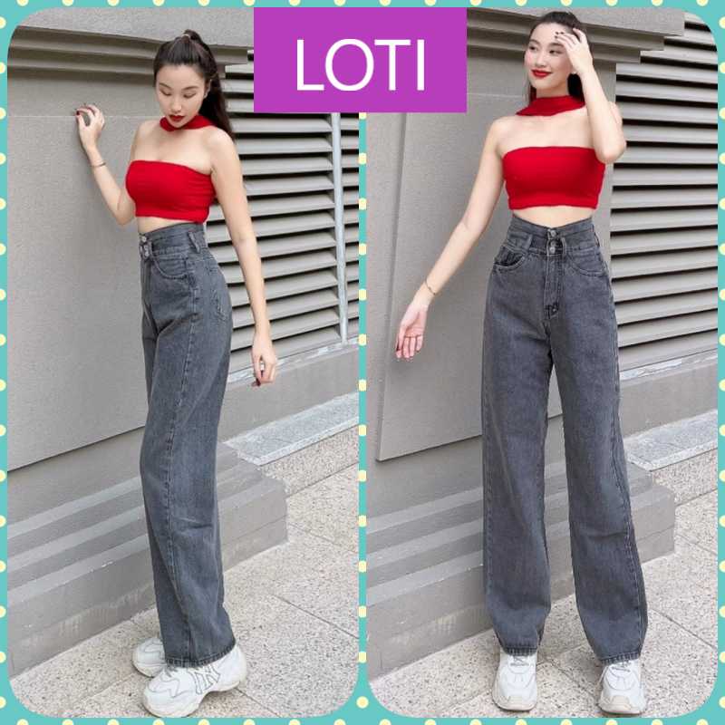 Quần jean ống rộng nữ lưng cao 3 nút màu xám nhạt lai cuốn cá tính loti phá cách bắt trend ào ào