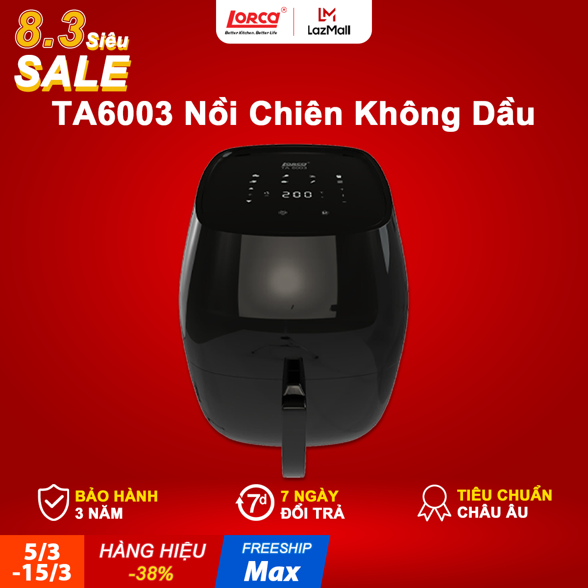 Nồi chiên không dầu cảm ứng lorca ta 6003, dung tích 7l chống dính,công nghệ cao,tự động tắt và báo tín hiệu đèn khi nấu xong đảm bảo nấu ăn nhanh và đều lc68 - lorca mall